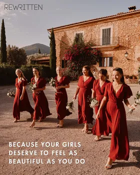 ReWritten paid social ad featuring bridesmaids in red dresses