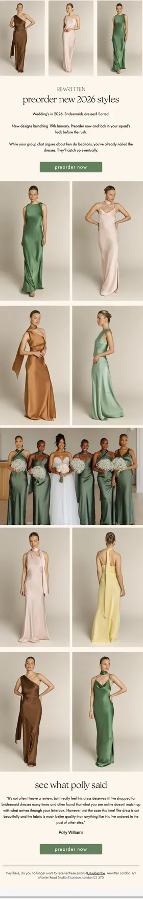 ReWritten preorder 2026 bridesmaid styles email designed by Mad Social