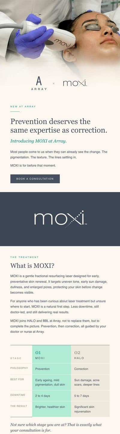 Array Aesthetics Moxi launch email