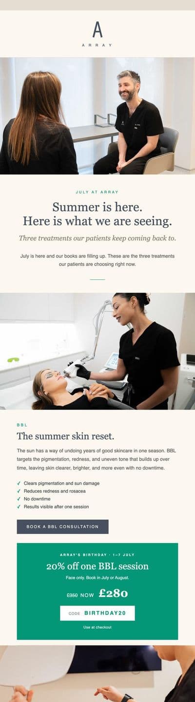 Array Aesthetics summer treatments email