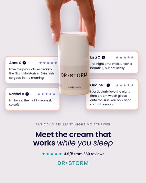 Dr Storm night moisturiser ad with customer reviews