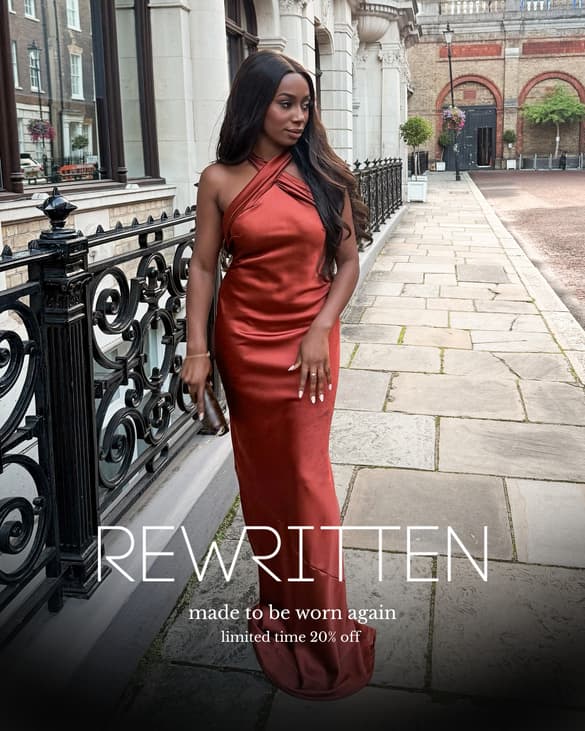 ReWritten ad: made to be worn again, a rust satin halterneck dress