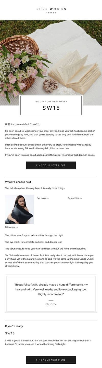 Silk Works post-purchase email